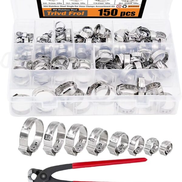 150Pcs 304 Stainless Steel Single Ear Hose Clamp with Ear Clamp Pincer, 6-23.5mm Crimp Hose Clamp Assortment Kit Cinch Rings Crimp Pinch Tools Perfect for Automotive, Home Appliance Line and Plumbing